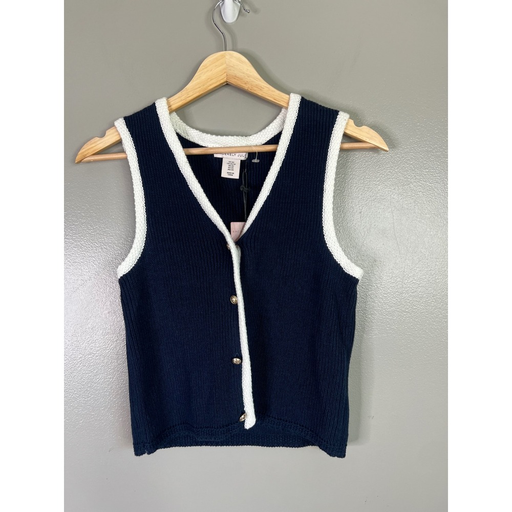 Sincerely Jules Navy Blue White Trim Button Front Sweater Vest XS ST21797